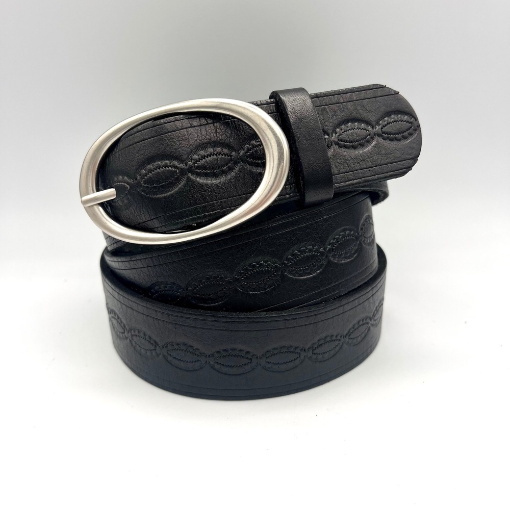 Liz Claiborne Black Leather Embroidered Belt Extra Large Silver Buckle